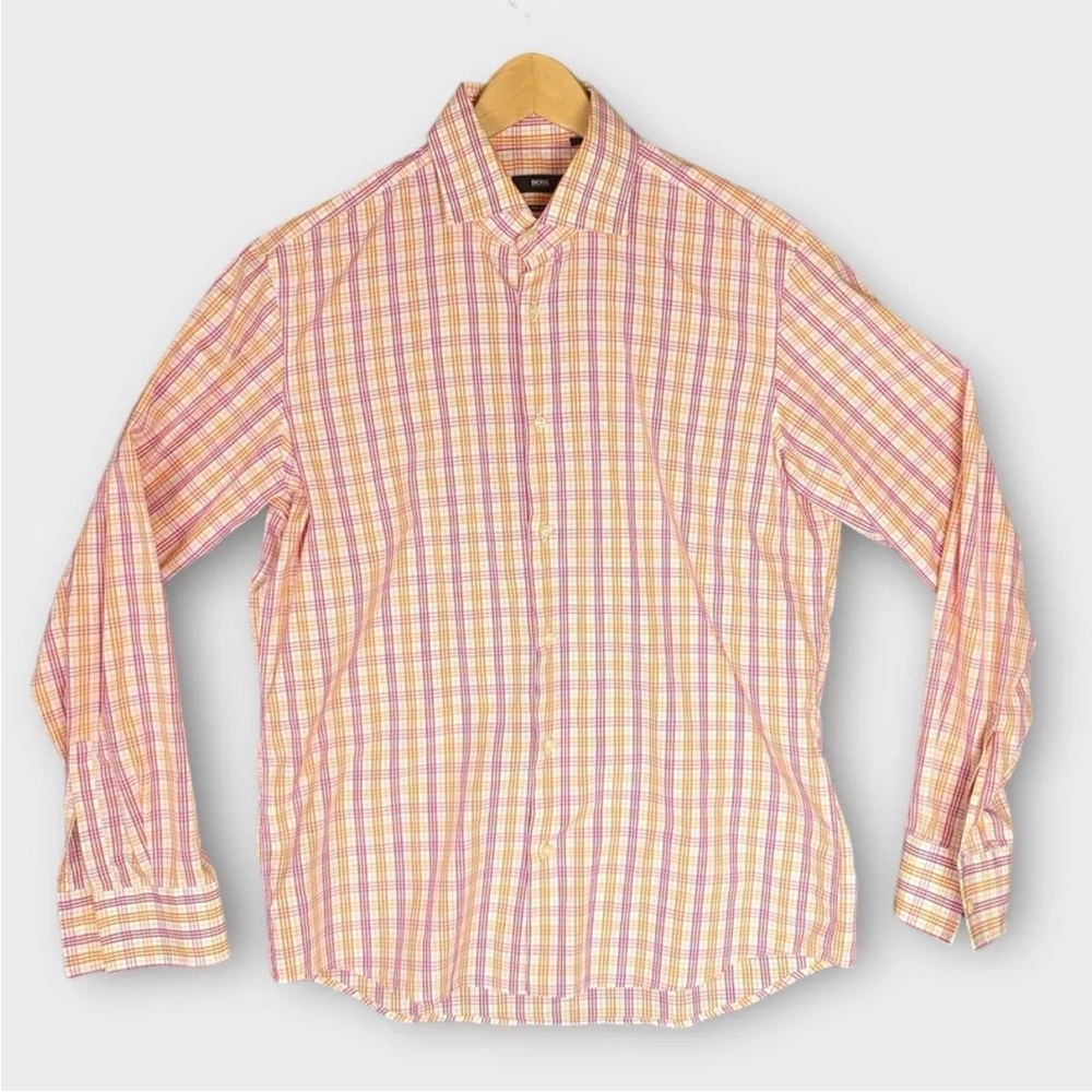 Hugo Boss Men's Regular Fit Dress Shirt Size 42/ 16.5 Collar White Pink Orange